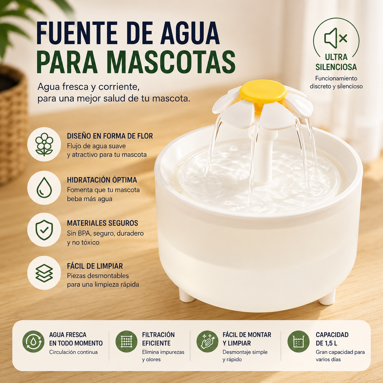 Fuente de agua para gatos 1 L – Agua fresca y filtrada en circulación continua
