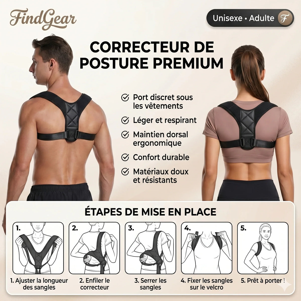 Homme portant le correcteur de posture FindGear, épaules alignées