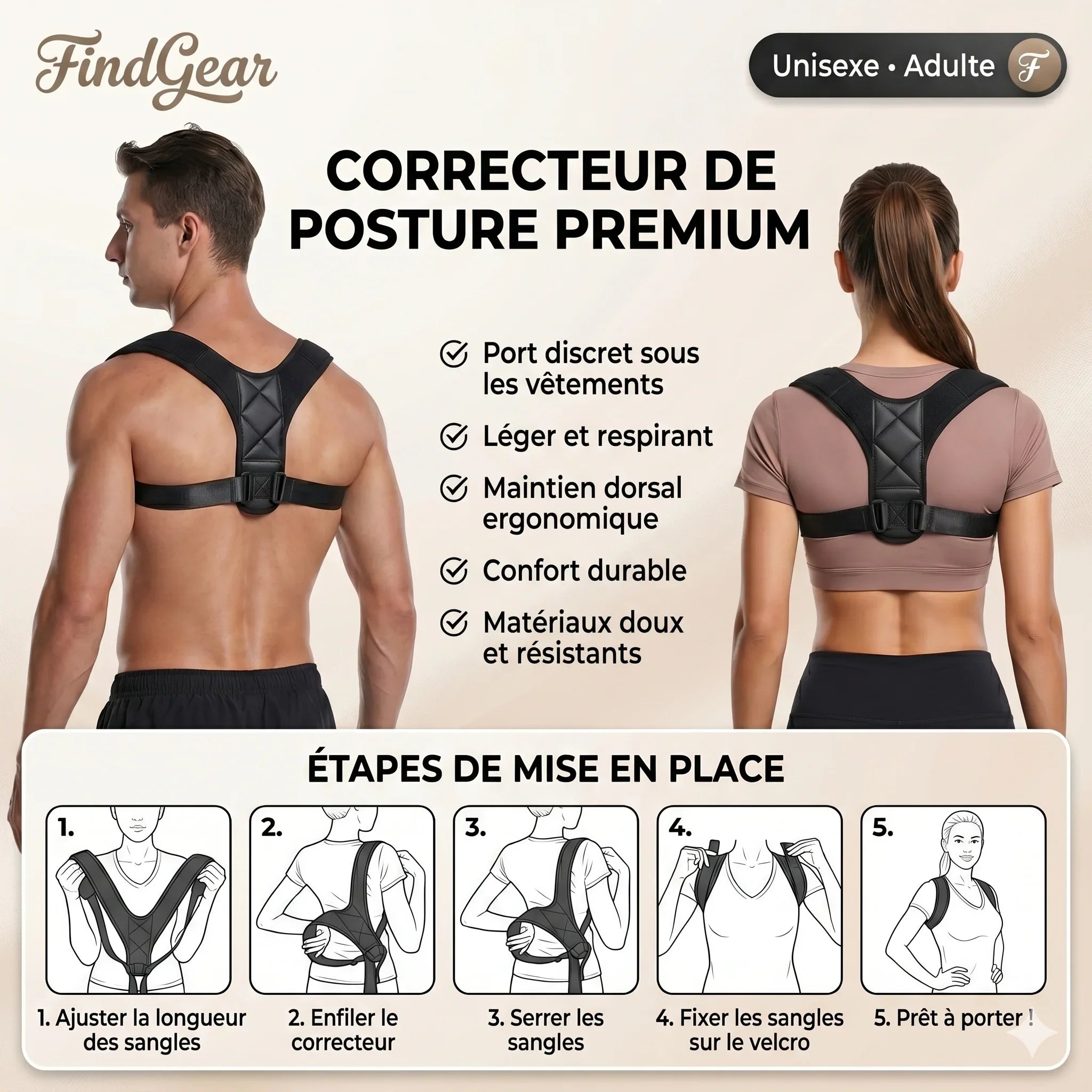 Homme portant le correcteur de posture FindGear, épaules alignées