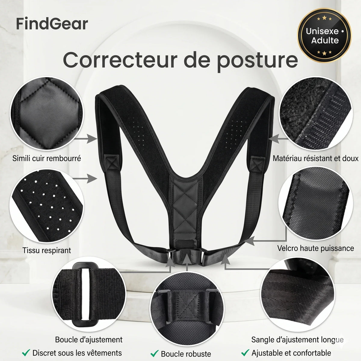 Femme portant le correcteur de posture FindGear au bureau
