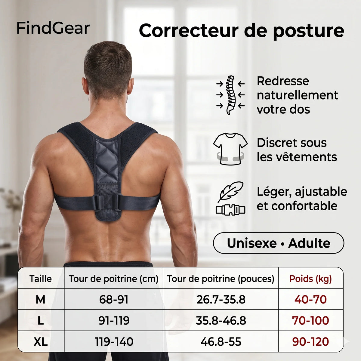 Correcteur de posture FindGear, bretelles velcro ajustables
